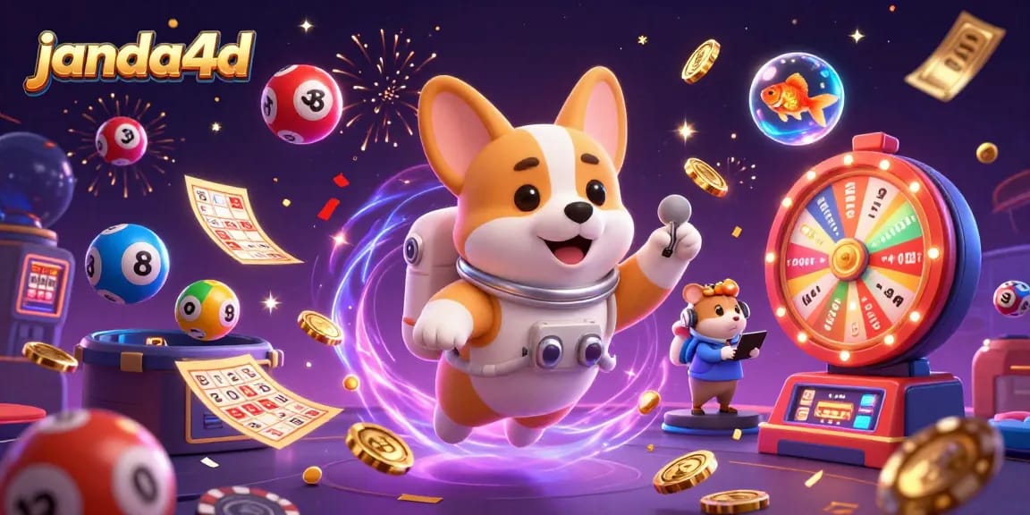 Janda4d menghadirkan corgi astronaut dalam kasino luar angkasa, melayang dengan chip poker dan koin emas.