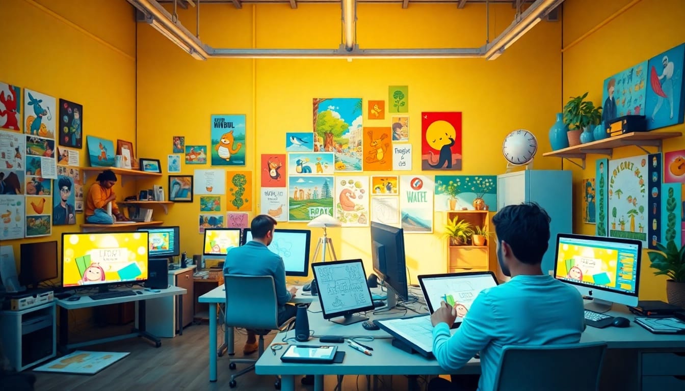 Animation Studio Berlin mit kreativen Animatoren und bunten Kunstwerken im Hintergrund.