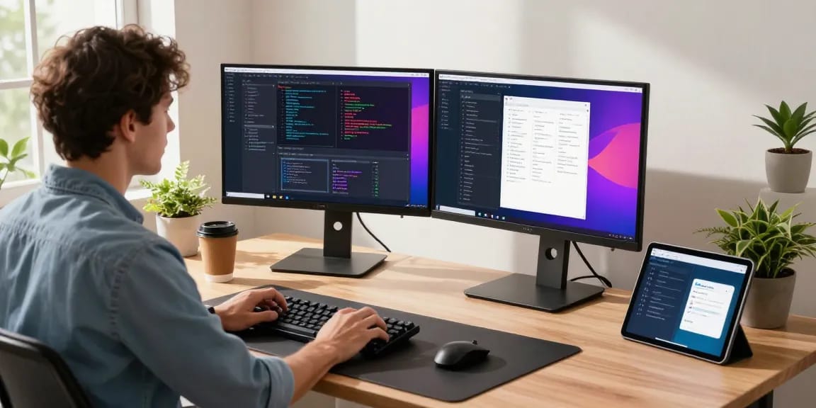 Developer coding in a modern workspace with dual monitors and plants, showcasing the 纸飞机中文版 app.