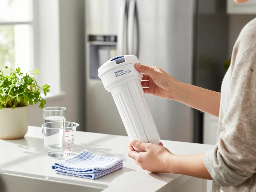 Replacing Waterdrop DA97-17376B Replacement for Samsung® HAF-QIN Refrigerator Water Filter in a sunny kitchen.