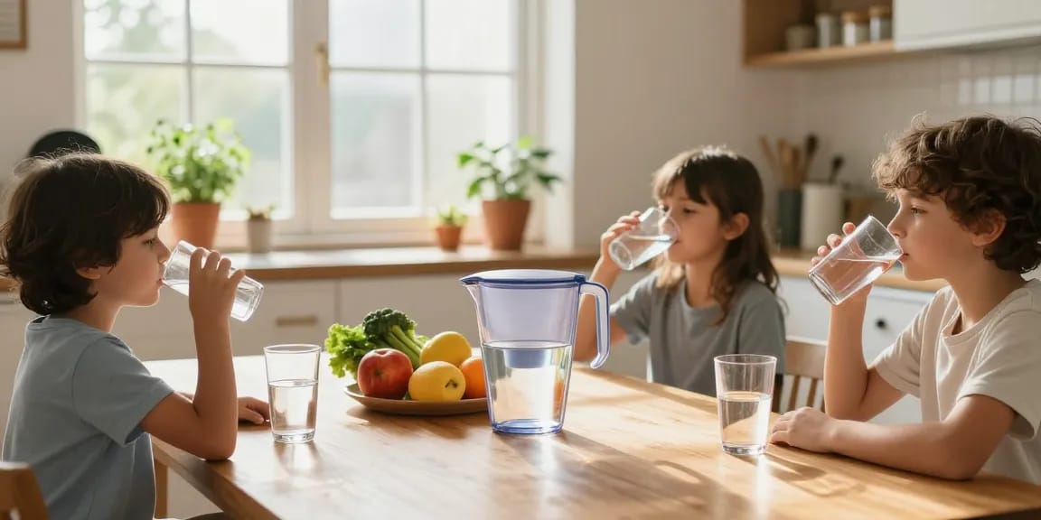 Family enjoying healthy water from the Waterdrop Water Filter Pitcher with 1 Filter in a bright kitchen.