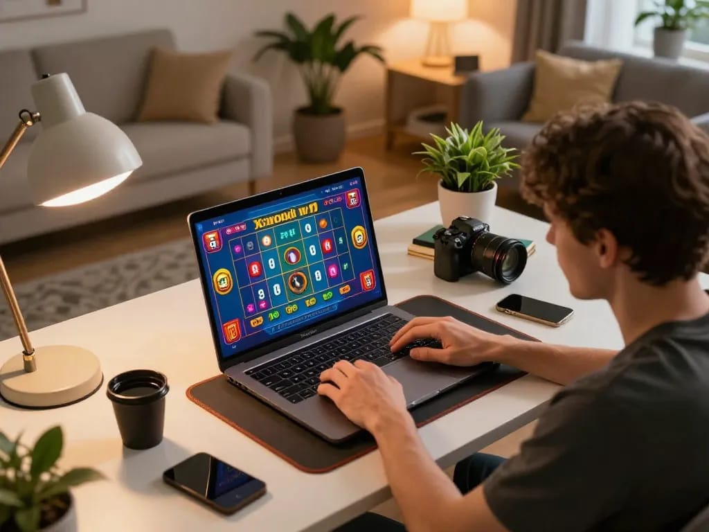 Xóc đĩa gameplay in a cozy home desk setting, showcasing a player focused on their laptop screen.