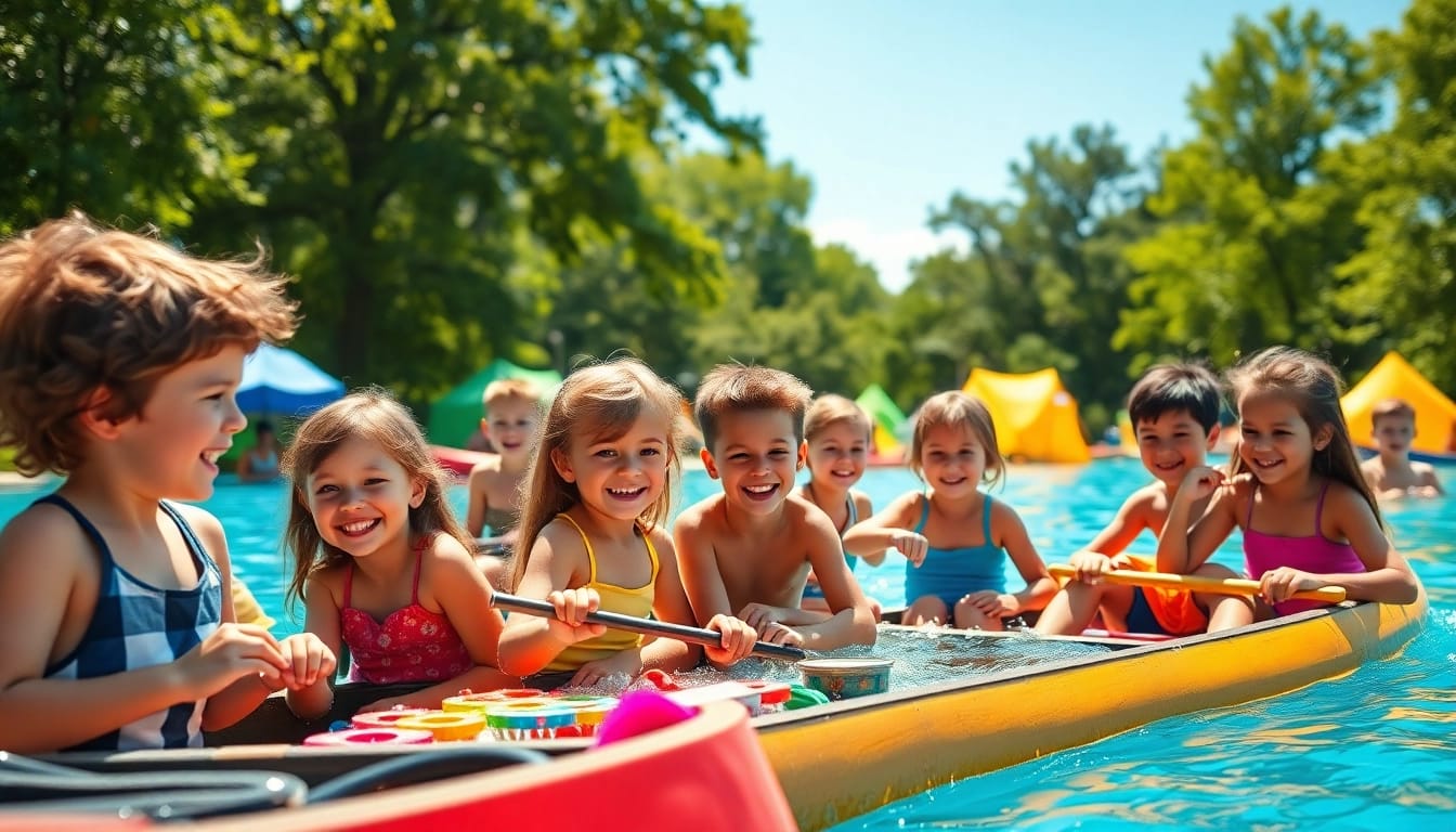 Children enjoying crafts and activities at a summer childrens camp, immersed in nature.