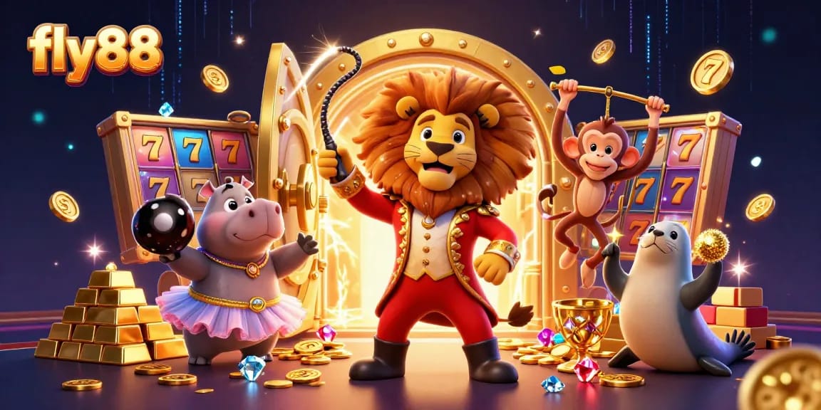Experience the vibrant energy of fly88 with lively characters in a packed casino scene full of treasures and excitement.