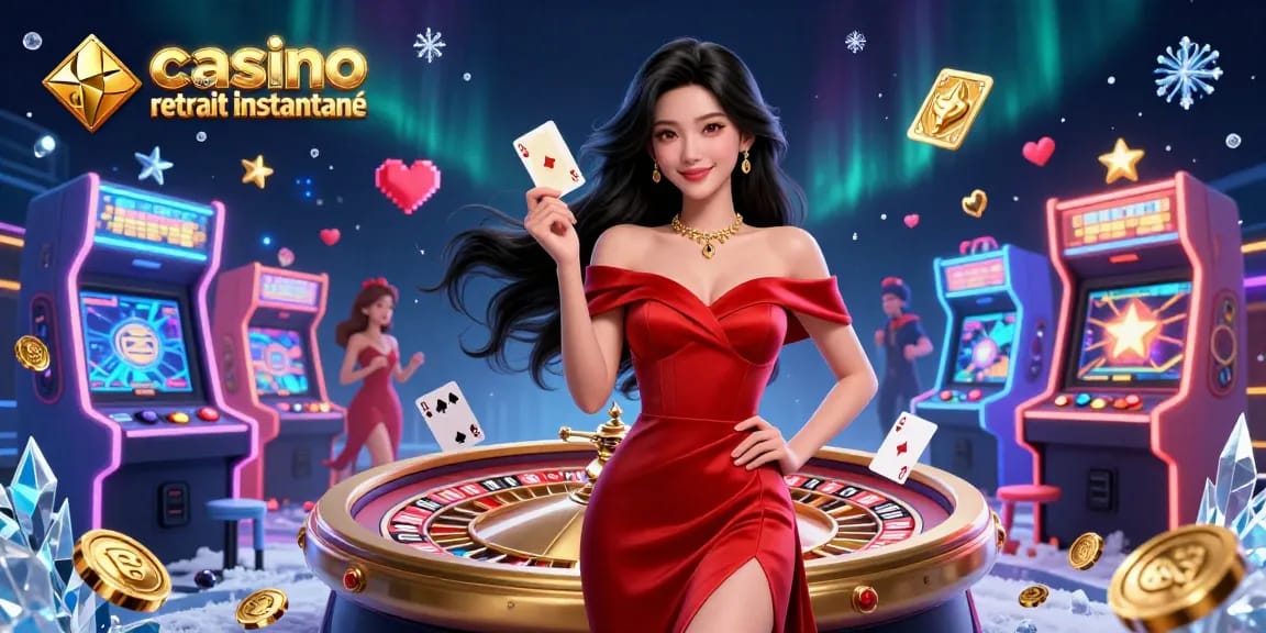 Femme asiatique jeune et photoréaliste accroupie avec une carte à jouer promeut le casino en ligne retrait instantané pendant que la roue de la roulette tourne.