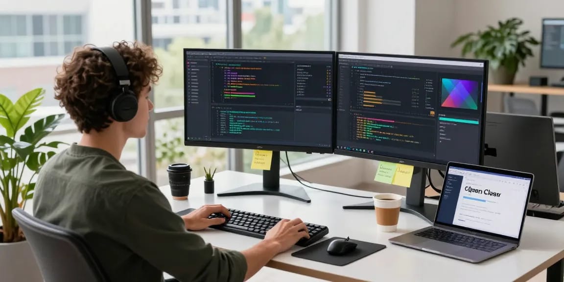 Developer coding with Open Claw at modern desk, showcasing task automation and AI dashboard, bright workspace environment.