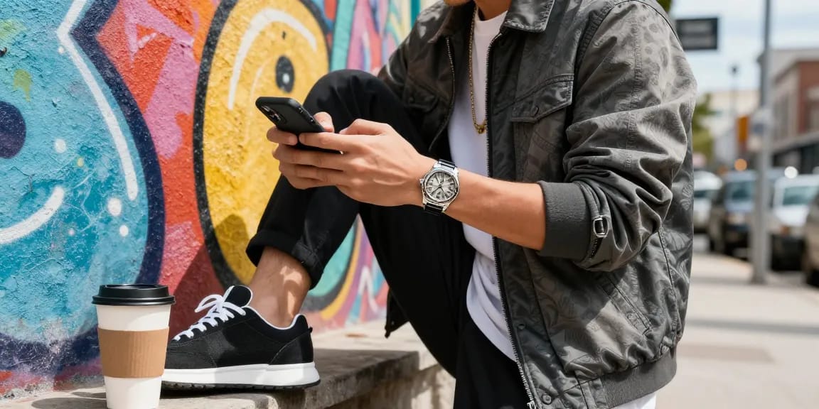 Fashionable person checking smartphone with a stunning replica watch in an urban setting.
