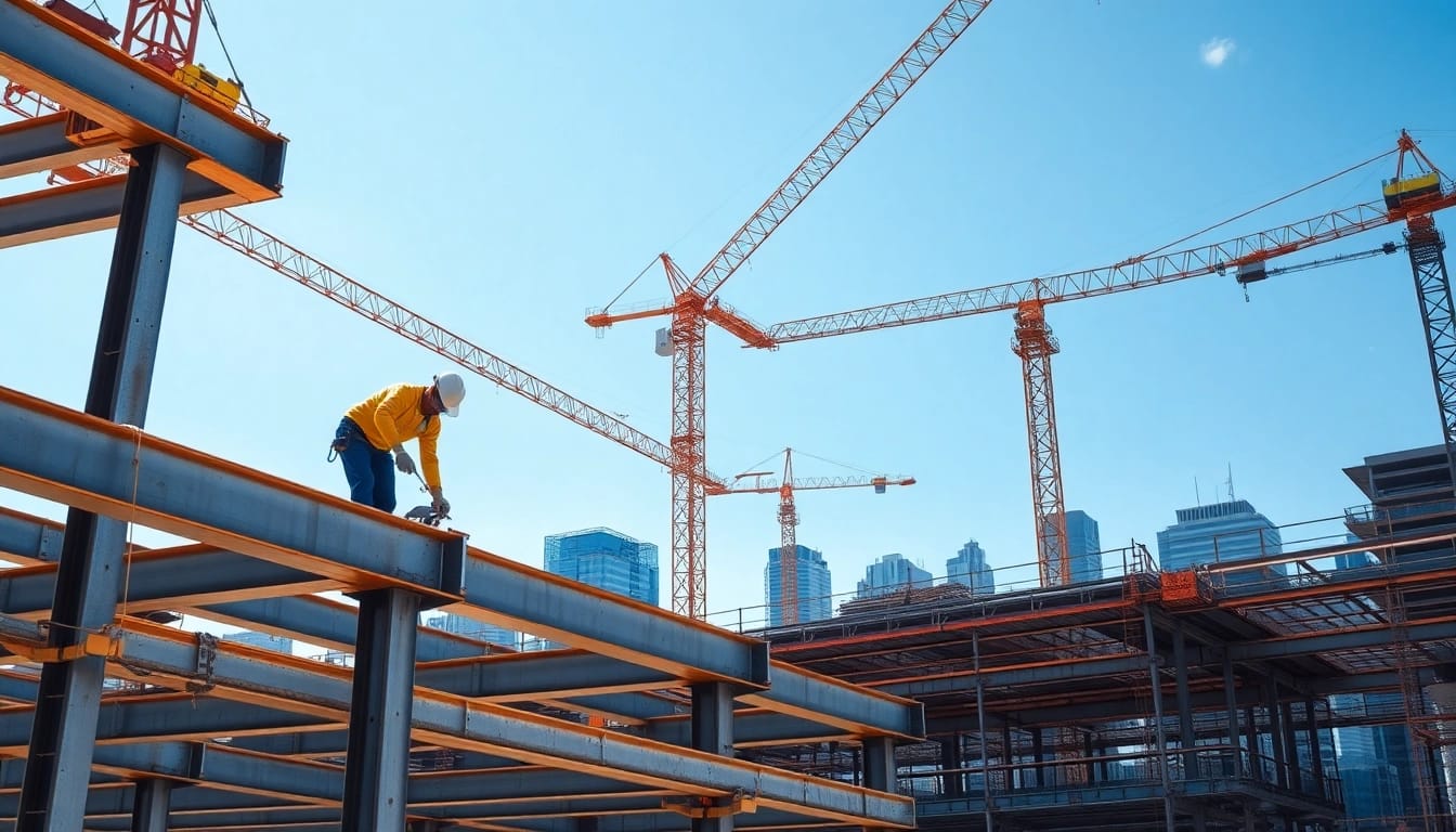 Workers engaged in structural steel construction at a vibrant construction site.