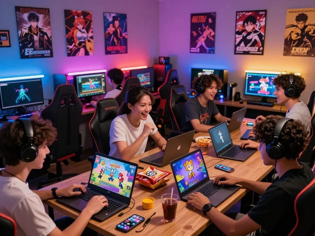 Players enjoying free porn games in a vibrant gaming lounge.