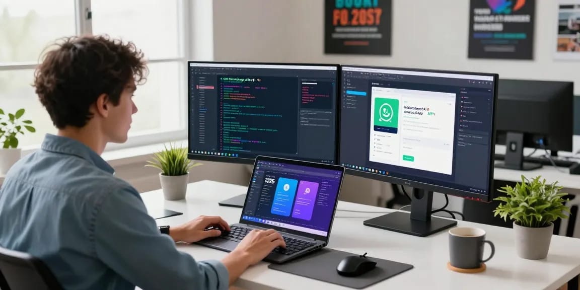 Developer working on GB WhatsApp APK features in a modern tech workspace