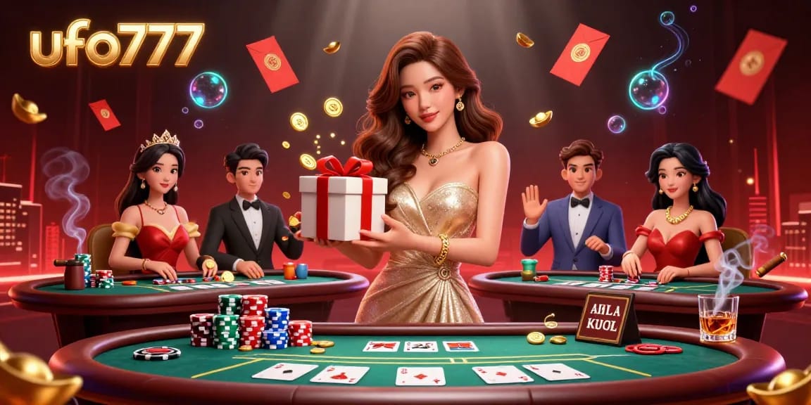 Join the excitement at ufo777 with golden coins spilling from a festive box, enhancing your casino experience.