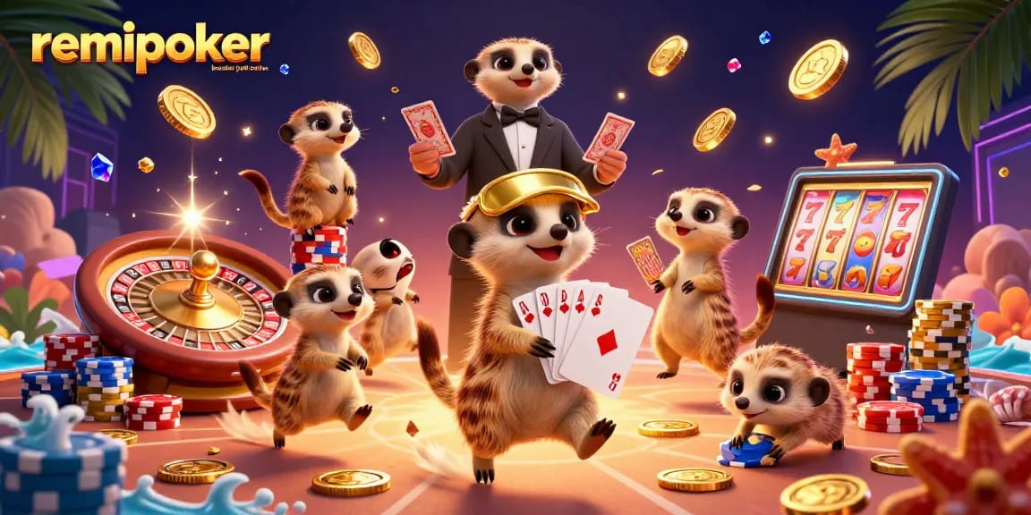 Experience thrilling gameplay at Remipoker bandar judi online with an exciting casino scene featuring adorable meerkats.