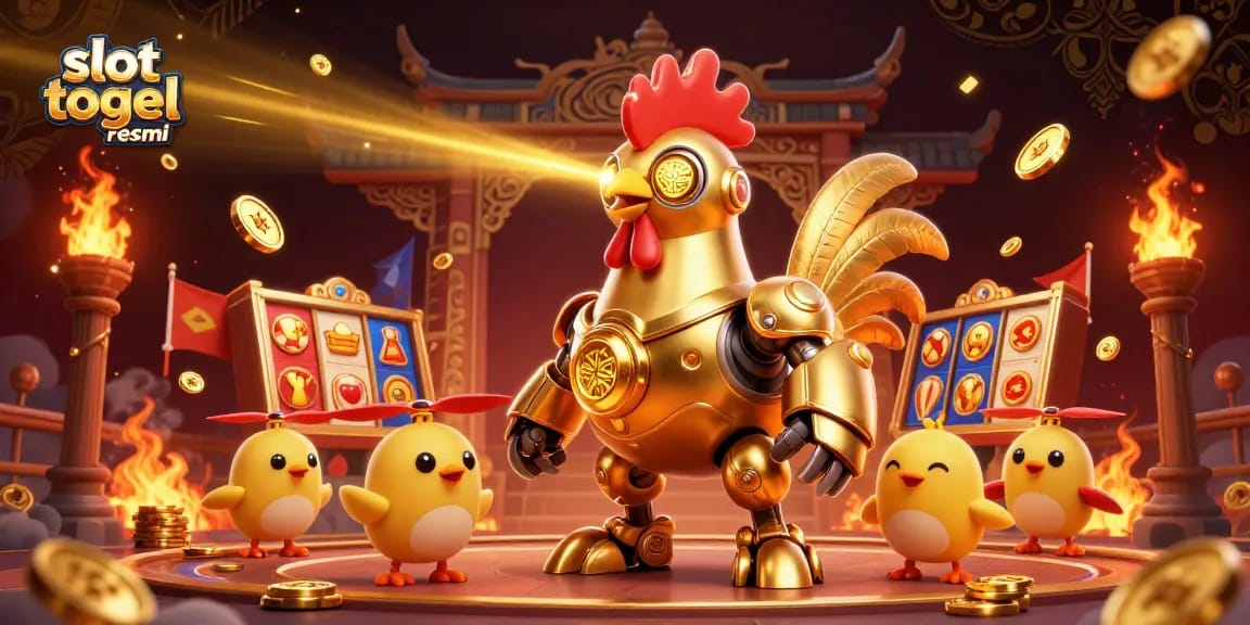Experience the thrill of slot togel resmi with vibrant golden symbols and dynamic characters in this captivating illustration.