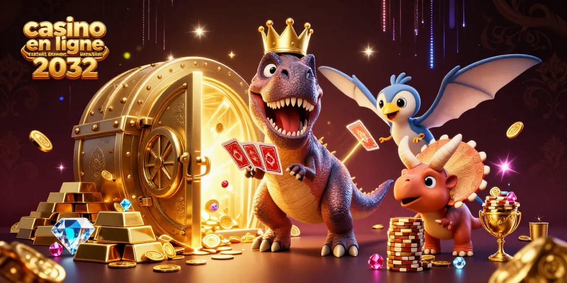 Casinos en ligne retrait immédiat 2032, un T-Rex et un pterodactyle animés au casino, jouant avec des jetons en or.