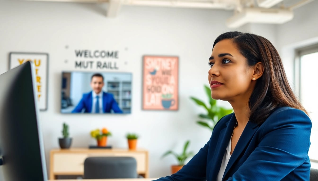 Recruiter conducting a video call in a bright office, showcasing professionalism and engagement.