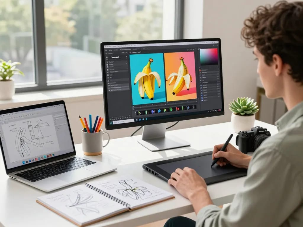 Professional designer using Nano Banana 2 for AI image editing in a modern workspace, surrounded by creative tools and vibrant visuals.