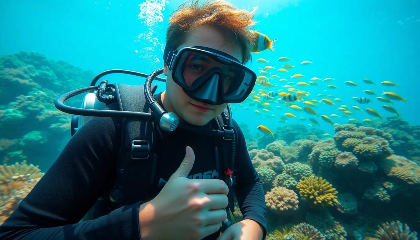 Tauchen in der bunten Korallenwelt mit lebendigen Fischen und aktivem Taucher.