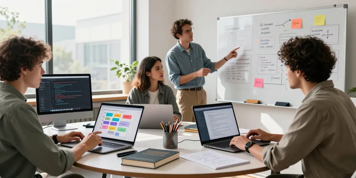 Team collaborating on ai prompt image generation in a modern tech workspace.