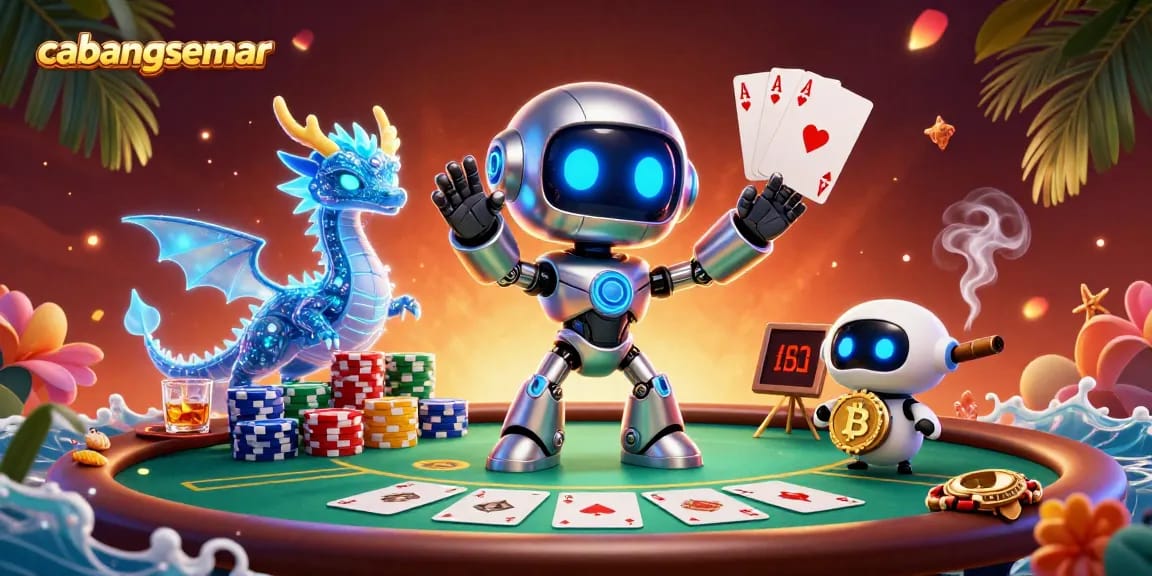 Permainan menarik di cabangsemar dengan robot cyberpunk, naga holografik, dan simbol bitcoin yang mengelilingi meja poker.