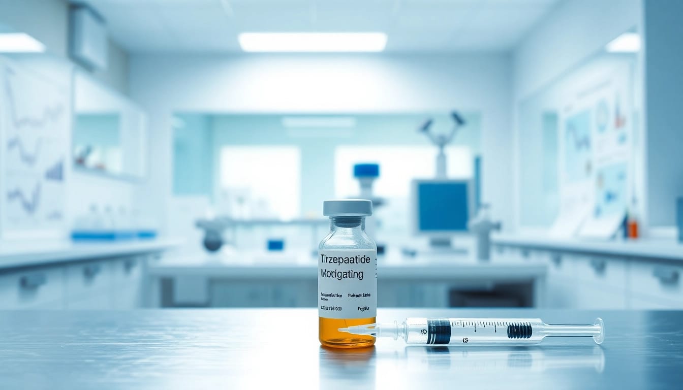 Tirzepatide vial and syringe in a modern laboratory setting showcasing medical precision.