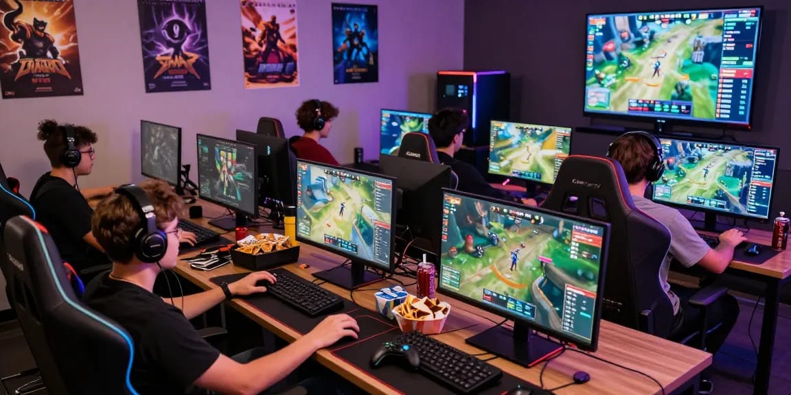 Gamers enjoying an intense tournament on garuda303 platform with vibrant screens and custom gear.