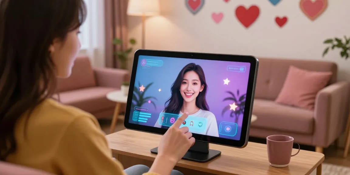 Engaging interaction with an AI girlfriend in a cozy virtual lounge setting, showcasing emotive connection.