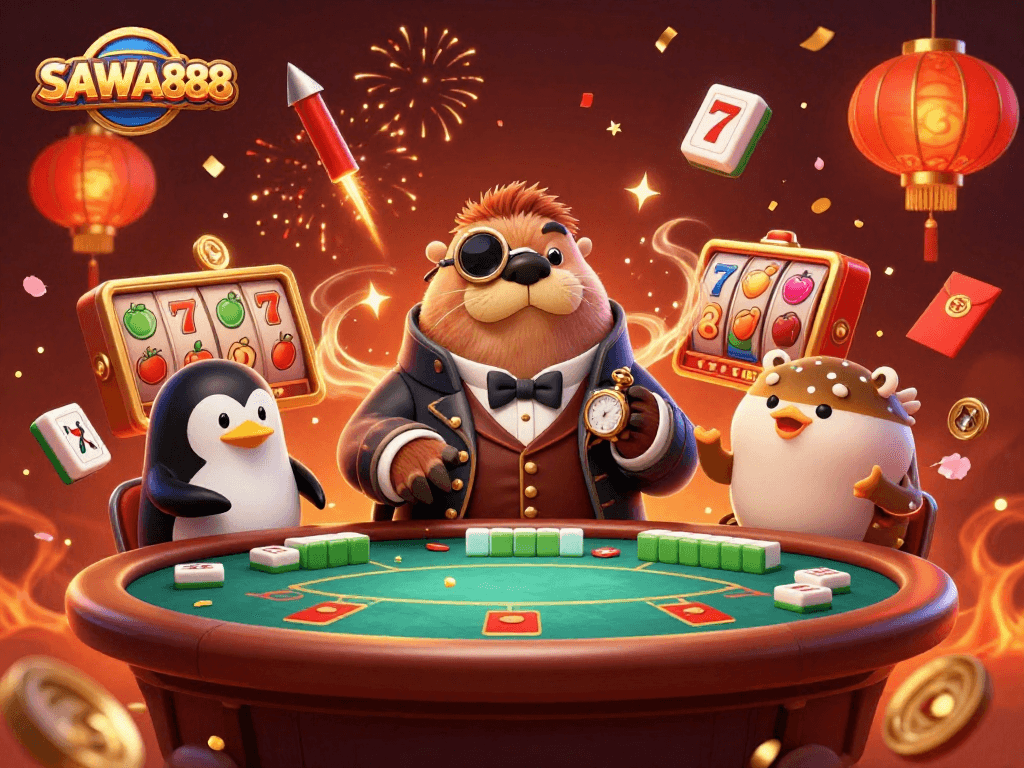 Join SAWA888's vibrant casino scene featuring a jolly walrus at play with exciting slot reels.