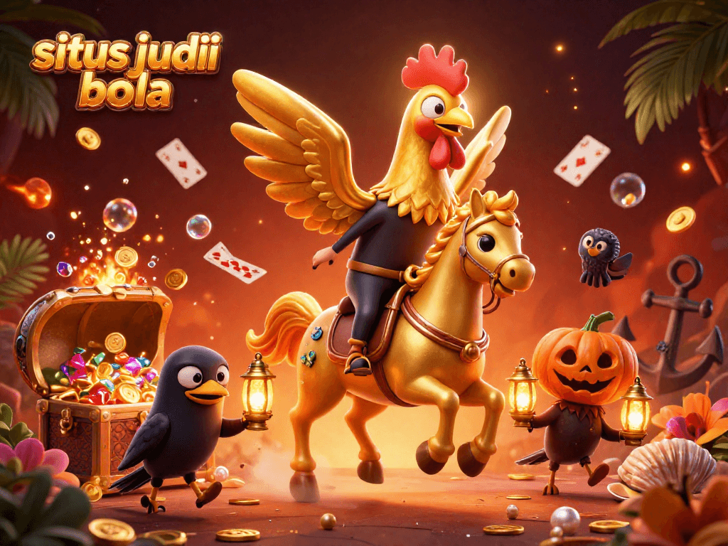 Engage in situs judi bola action with a golden rooster hero at a midnight casino, surrounded by treasures.