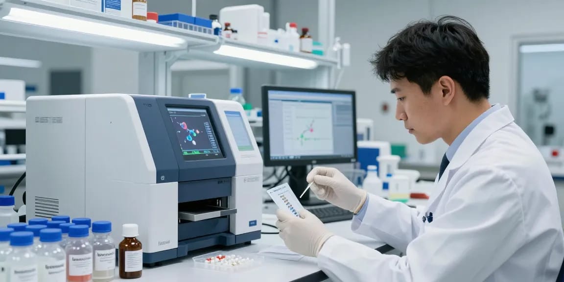 Scientist conducting Ipamorelin research in a high-tech laboratory.