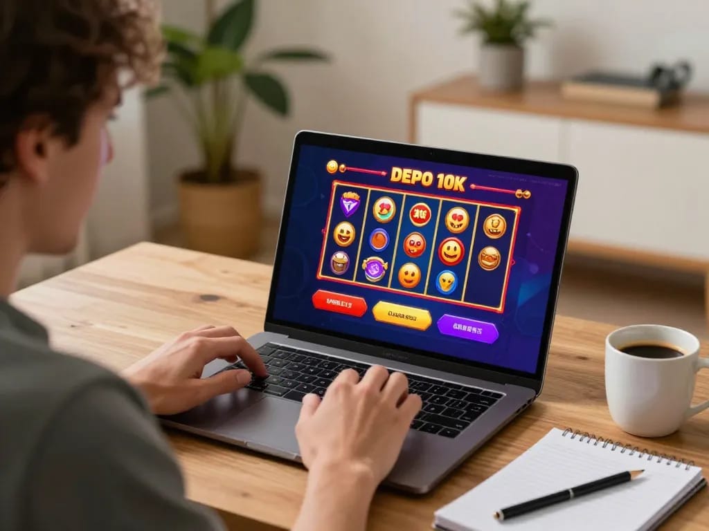Experience the excitement of depo 10k online slots with a player enjoying their winnings at home.