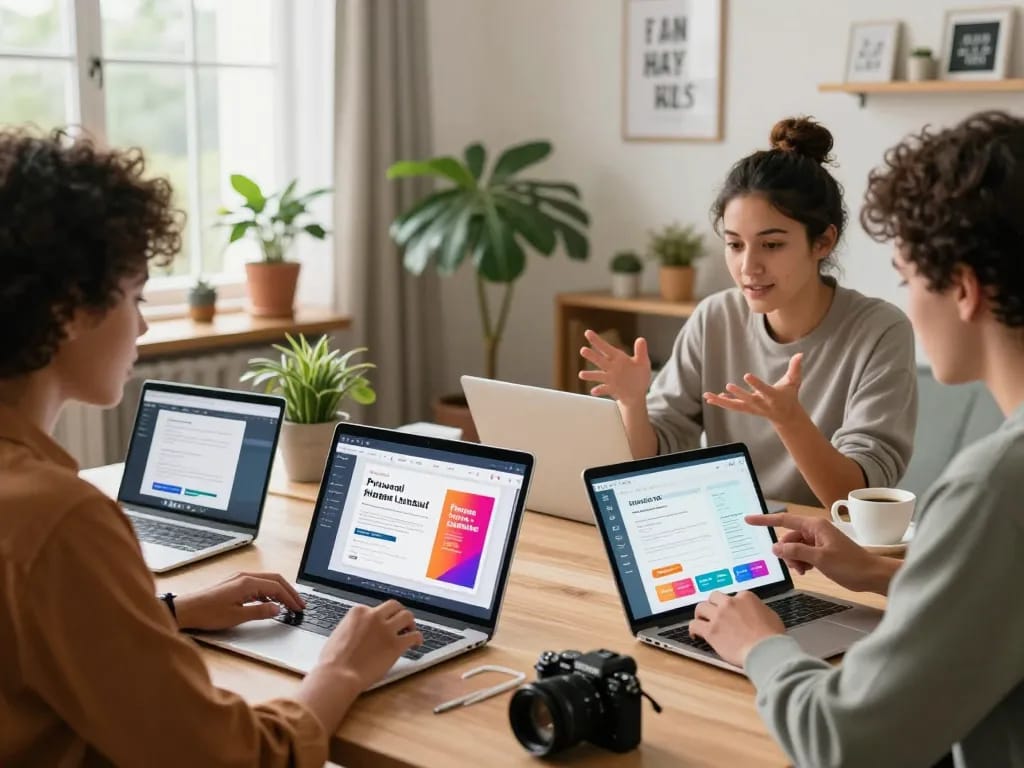 Buy Private Label Rights Products in an engaging online marketplace with entrepreneurs discussing strategies and reviewing vibrant digital files.