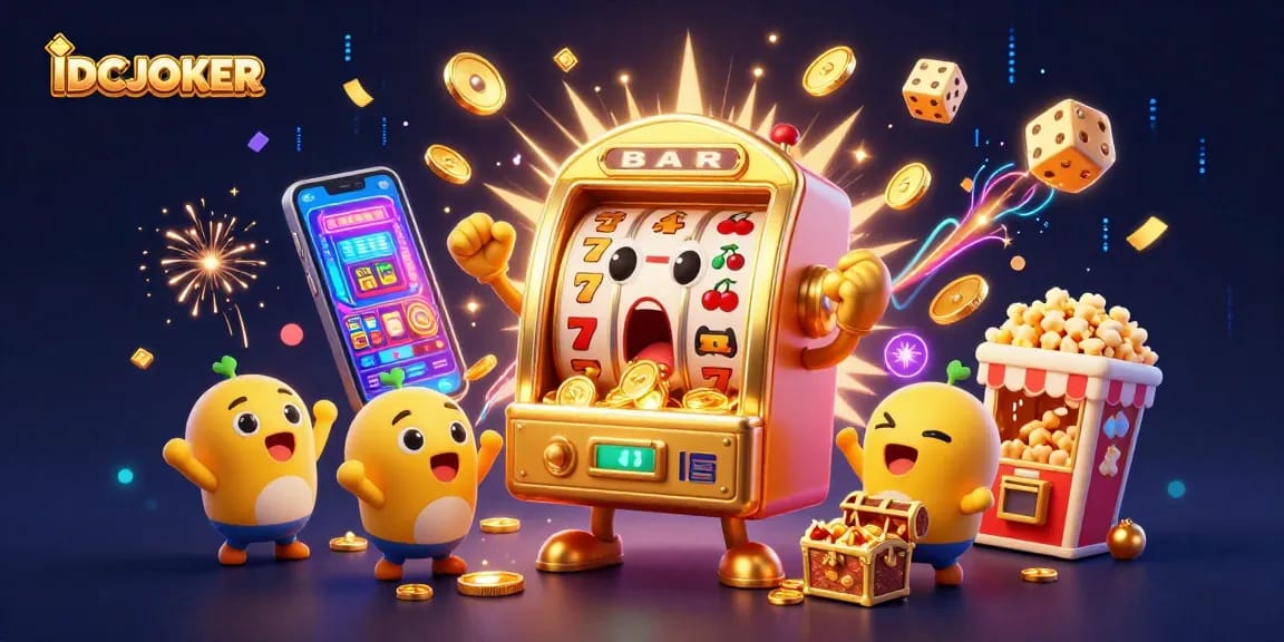 IDCJOKER slot machine winning a jackpot, surrounded by celebratory elements and dynamic casino visuals.