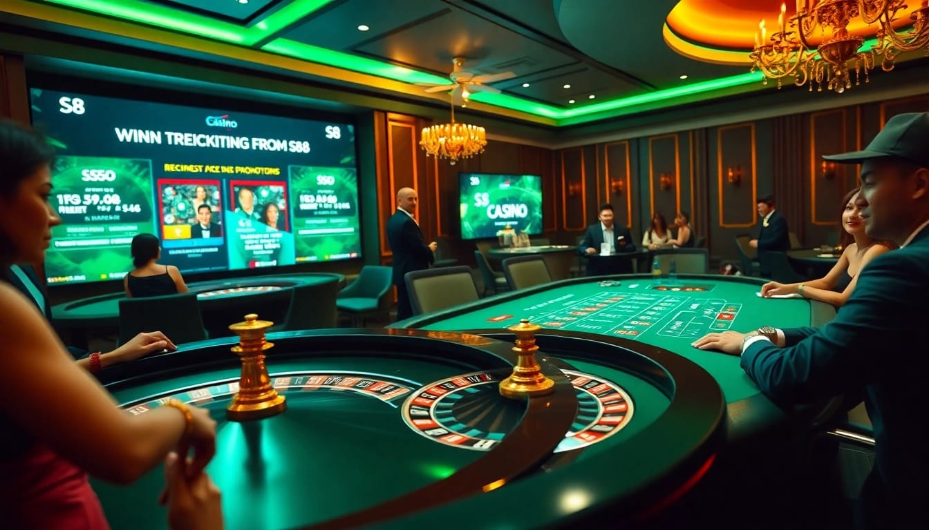 Exciting S8 casino scene with roulette wheel, poker table, and players engaged in betting.