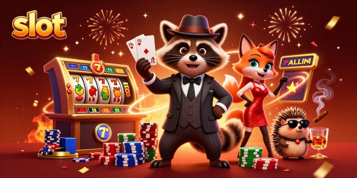 Spin the slot reels with charming characters celebrating jackpots and wins in a festive casino scene.