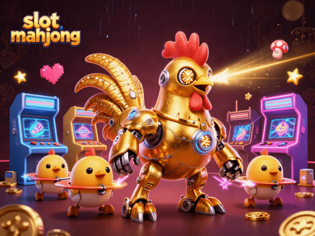 Engage in exciting slot mahjong action with our vibrant casino-themed 3D illustration, featuring a golden rooster robot.