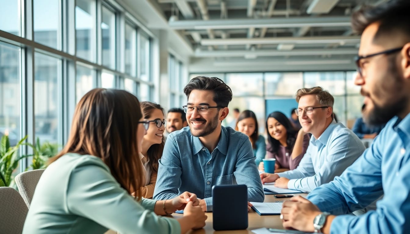 Engaged TOEIC test takers for hire collaborate in a bright office environment.
