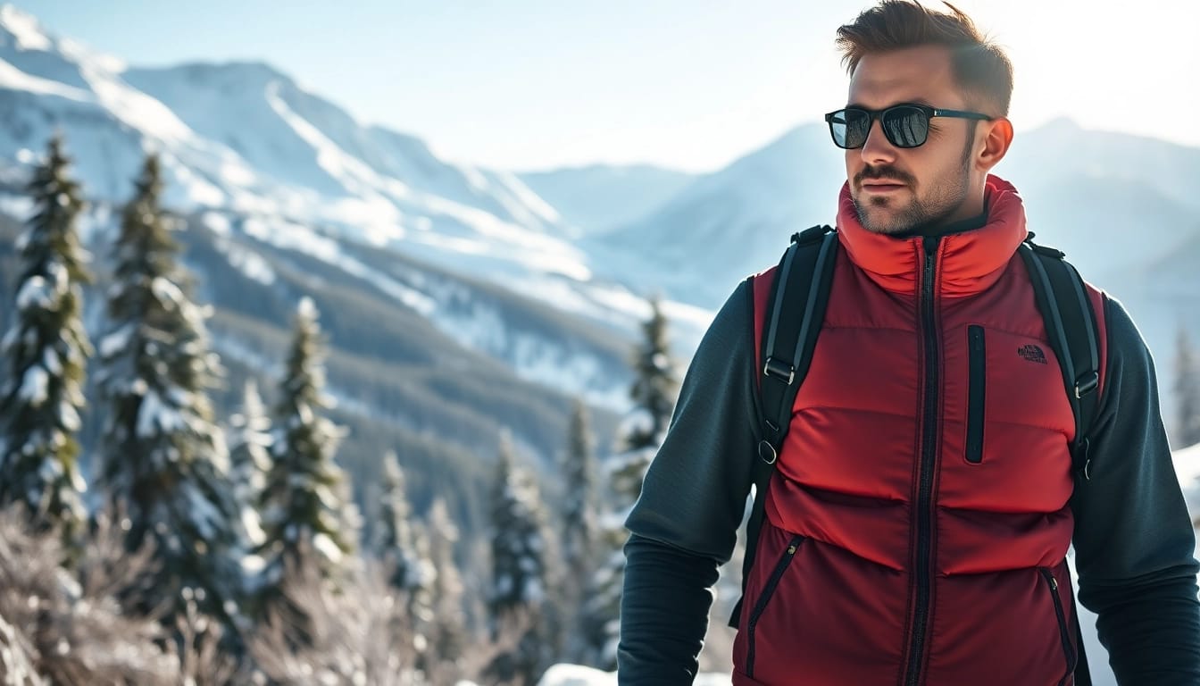 Hiker in heated vests against a snowy mountain backdrop, showcasing warmth and style.