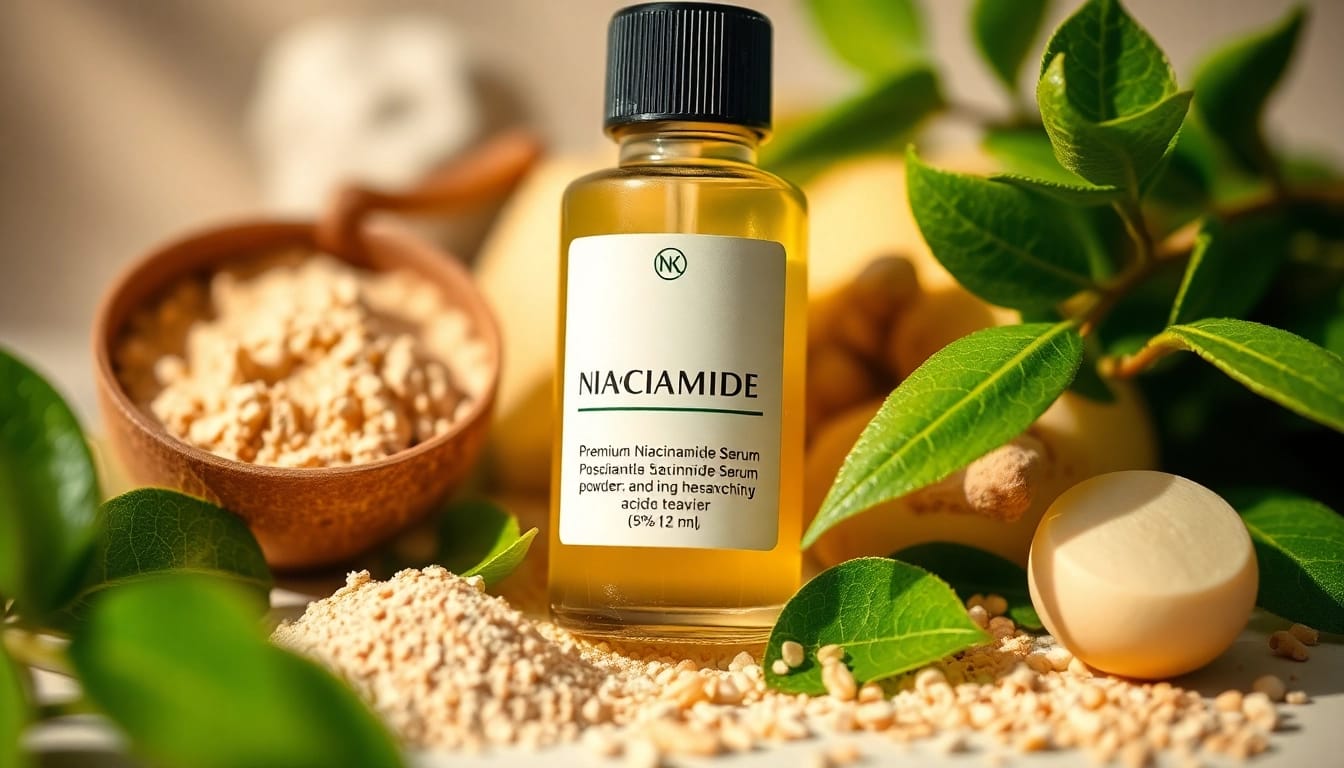 Premiumflaska med niacinamidserum och naturliga ingredienser som visar hudfördelarna.