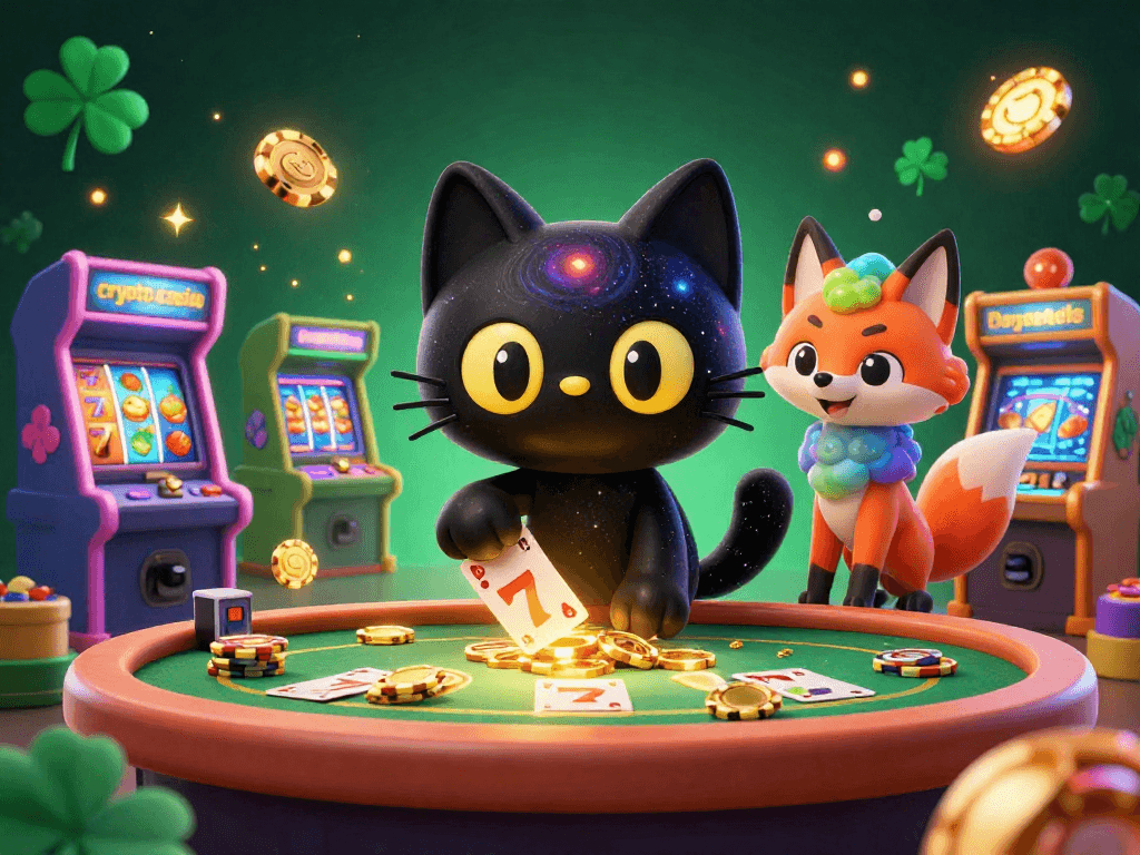 Engage with the crypto casino magic featuring a black hole cat and colorful fox at a whimsical table.