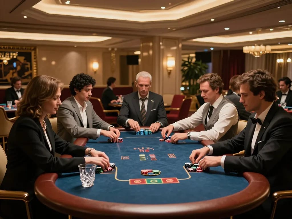 GG88 vip players enjoying an exclusive poker game in a luxurious casino setting.
