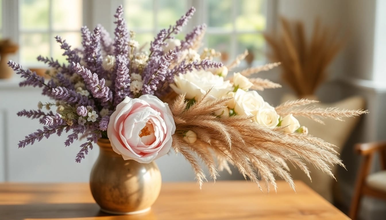 Dried Blooms beautifully arranged in a rustic vase on a wooden table, evoking warmth.