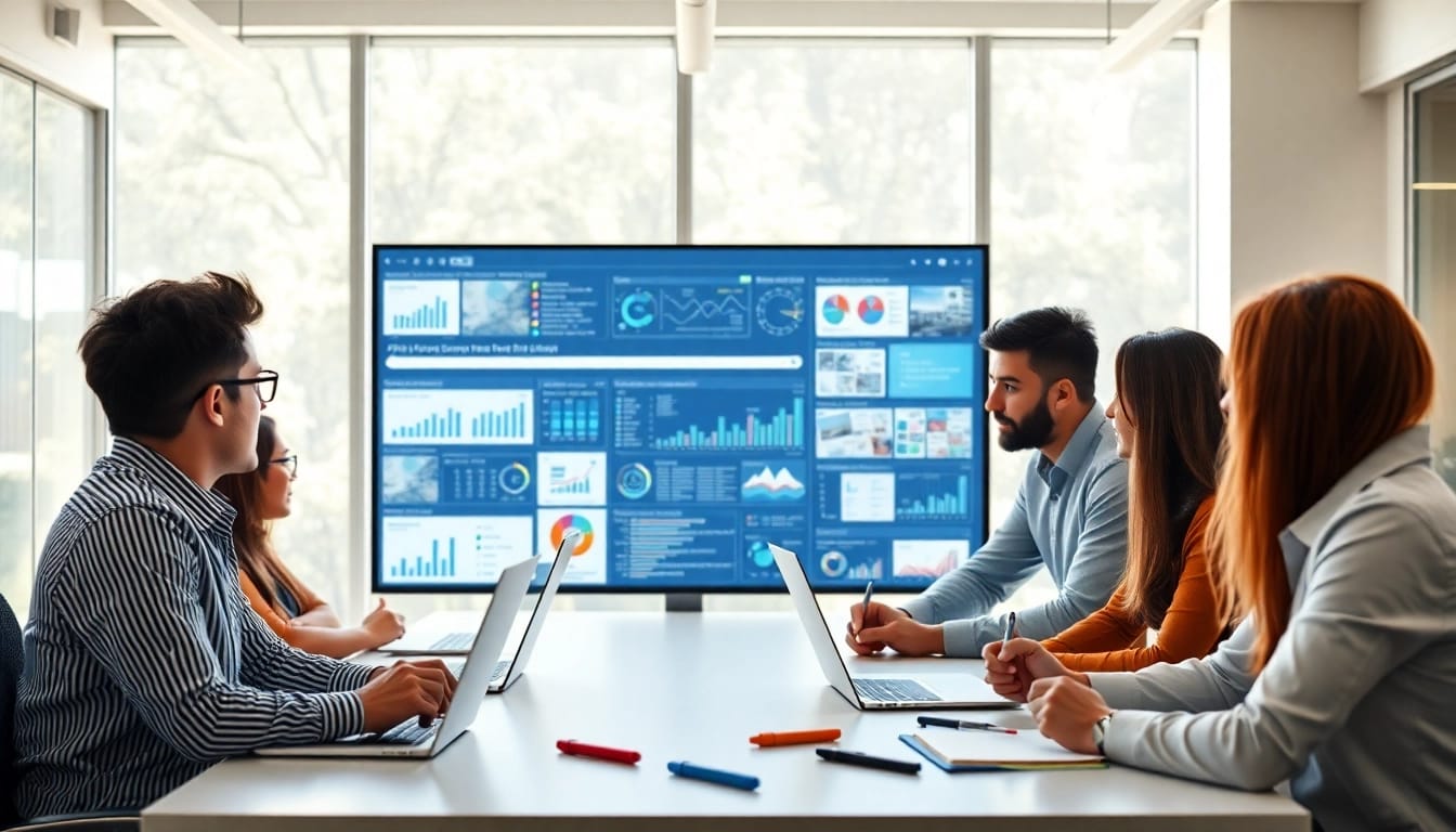Engaging environment showcasing ai enterprise search with teams collaborating over digital interfaces.