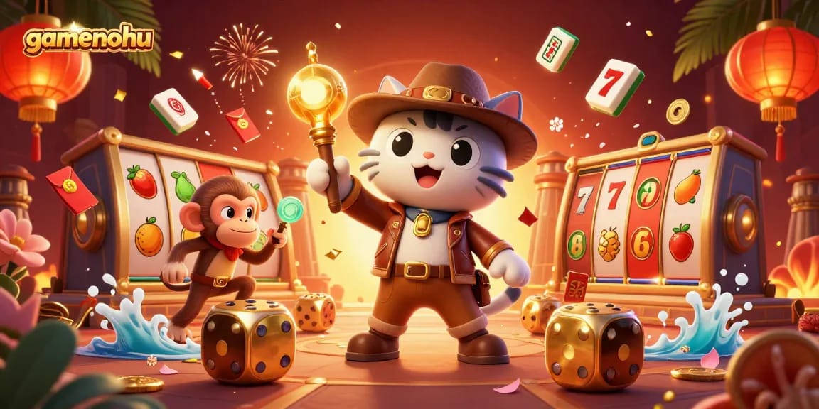 Experience thrilling wins at gamenohu with a vibrant scene of slot machines and a treasure hunt!