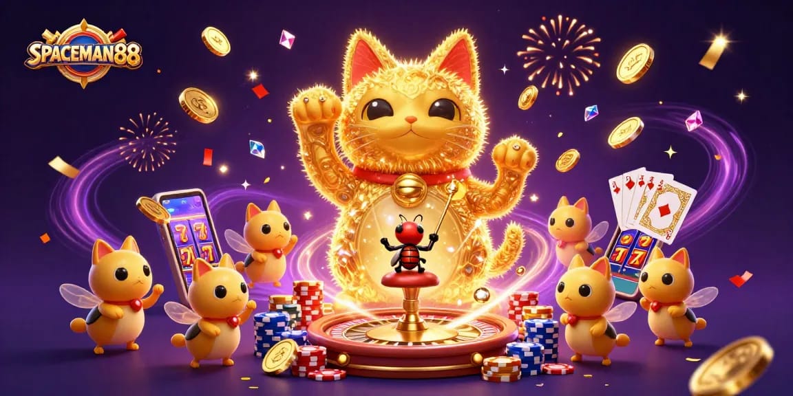 SPACEMAN88 showcases a giant lucky cat surrounded by casino elements, enriching the gambling experience.