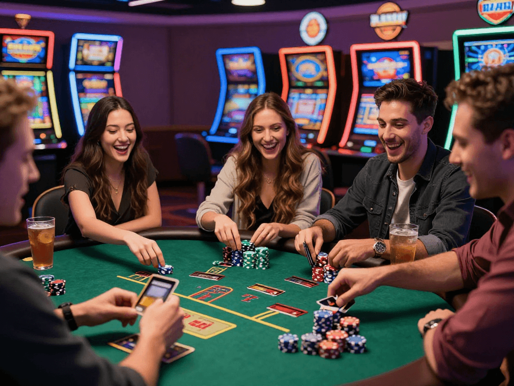 Excited friends playing blackjack at credit card casinos, surrounded by vibrant casino lights.