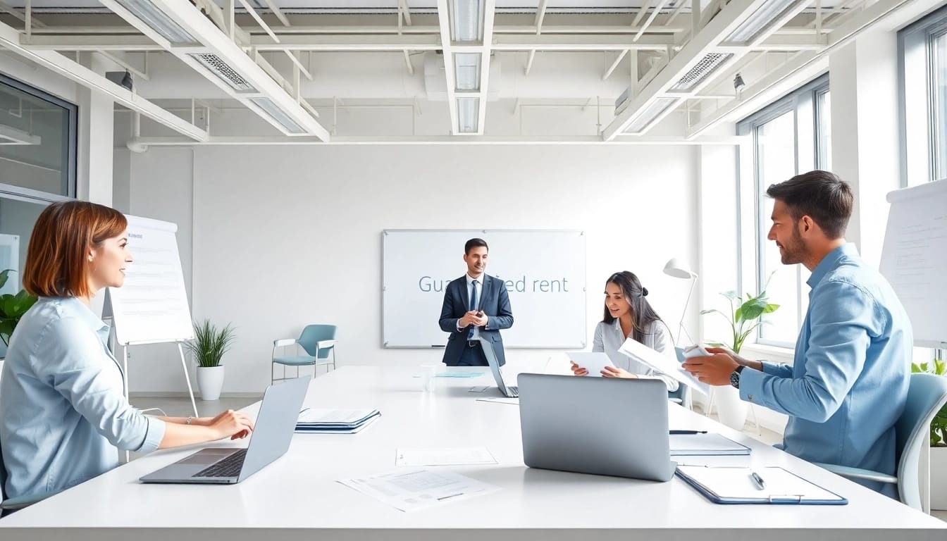 Showcase of guaranteed rent in Amersham with professionals discussing rental agreements in a modern office.