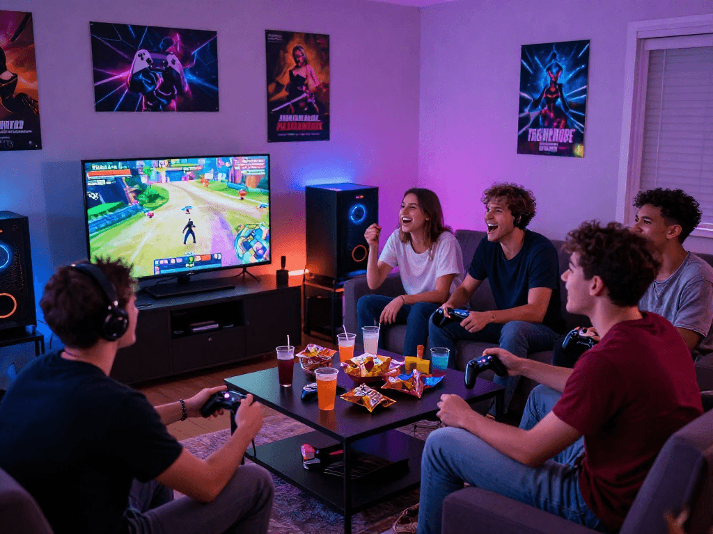 Friends enjoying a gaming night while playing exciting sex games together.