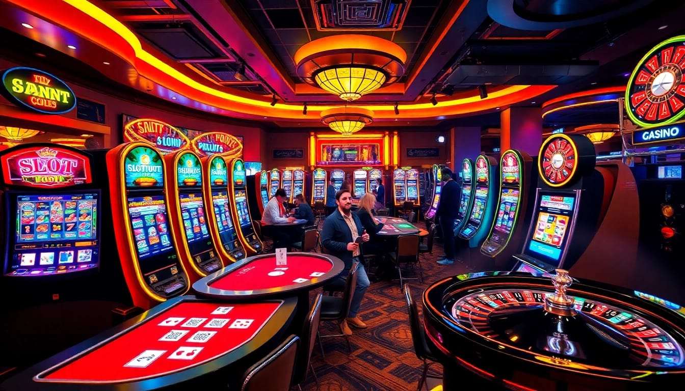 Rasakan sensasi bermain Slot Depo 1000 saat para pemain terlibat dengan mesin slot kasino yang penuh warna dan meja permainan.
