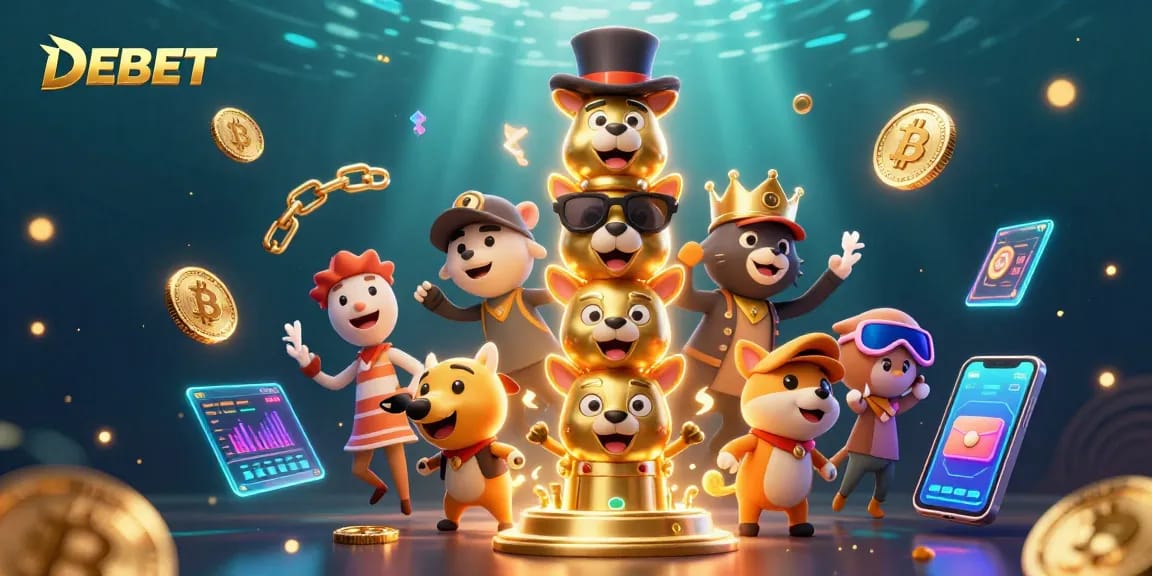 Experience DEBET's vibrant casino illustration showcasing lively gaming elements in a dynamic scene.