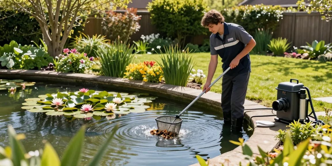 Professional Pond Cleaning Essex with cleaner netting debris from a vibrant garden pond in a serene atmosphere.